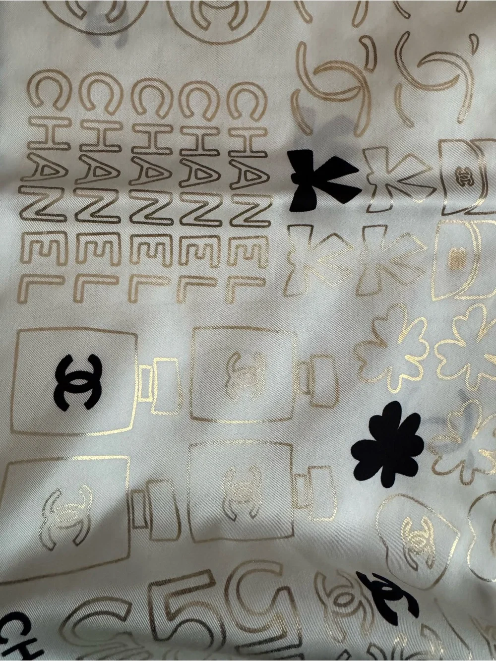 CHANEL Ivory Silk Logo & Motif Scarf with Black Accents